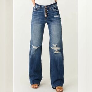 NWT KanCan 90's Flare Buttonfly Jeans, 7/27", med wash distressed